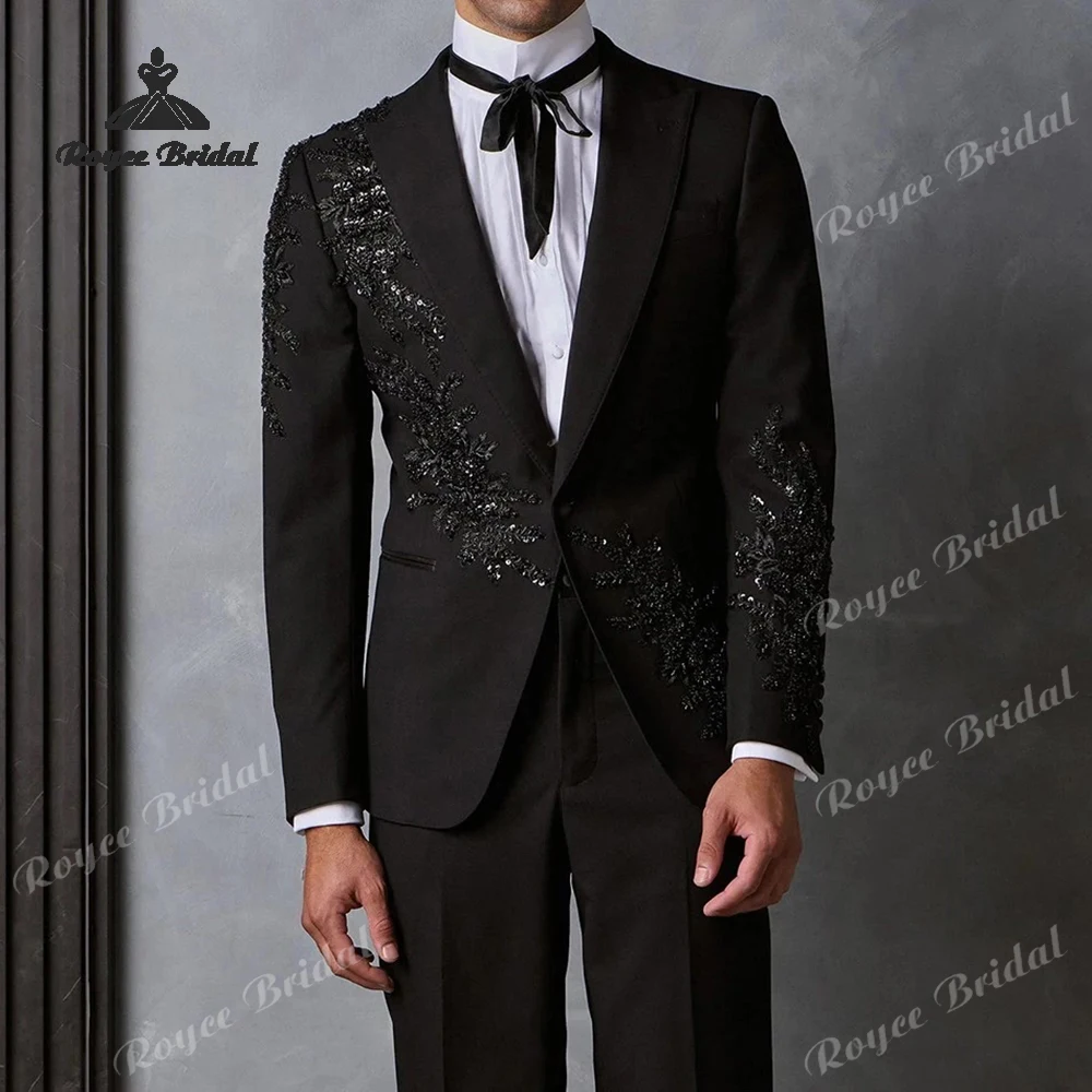 ビーズ付きツーピースメンズスーツ 結婚式2026 ピークラペル シングルブレスト カジュアル イブニング プロムスーツ カスタムメイド 男性用スーツ