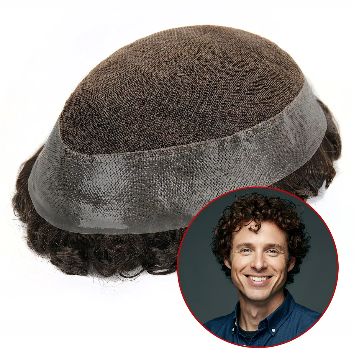 

TUL15 Non-Surgical Hair Replacement System 20mm Medium Curl Lace & Skin Base Indian Remy Human Hair Toupee for Thinning Men