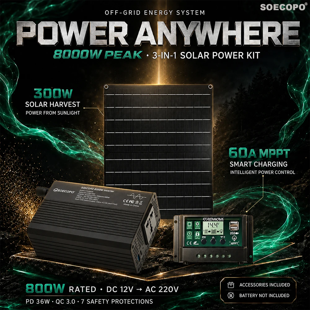 SOECOPO Off Grid Solar System 800W Rated Output 8000W Peak DC12V To AC220V Inverter 300W Solar Panel MPPT Controller for Home