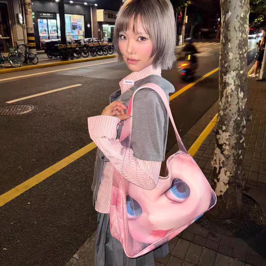 Y2K Doll Print Cloud Bag Women PU Leather Underarm Shoulder Bag Large Capacity Dumpling Shape Casual Crossbody Tote