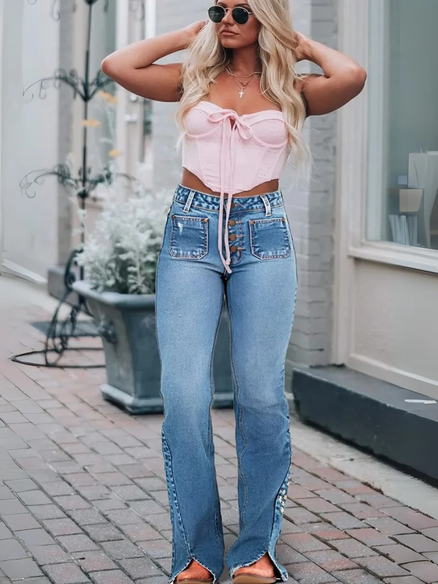 【HME】Women's Frilly Jeans With Split Legs and Boot-cut Hems for a Hip-lifting Effect. Mid-length Hems, Machine Washable