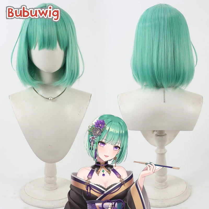 

Bubuwig Synthetic Hair Yakumo Beni Cosplay Wigs Virtual YouTuber Yakumo Beni 35cm Short Straight Green Bobo Wig Heat Resistant