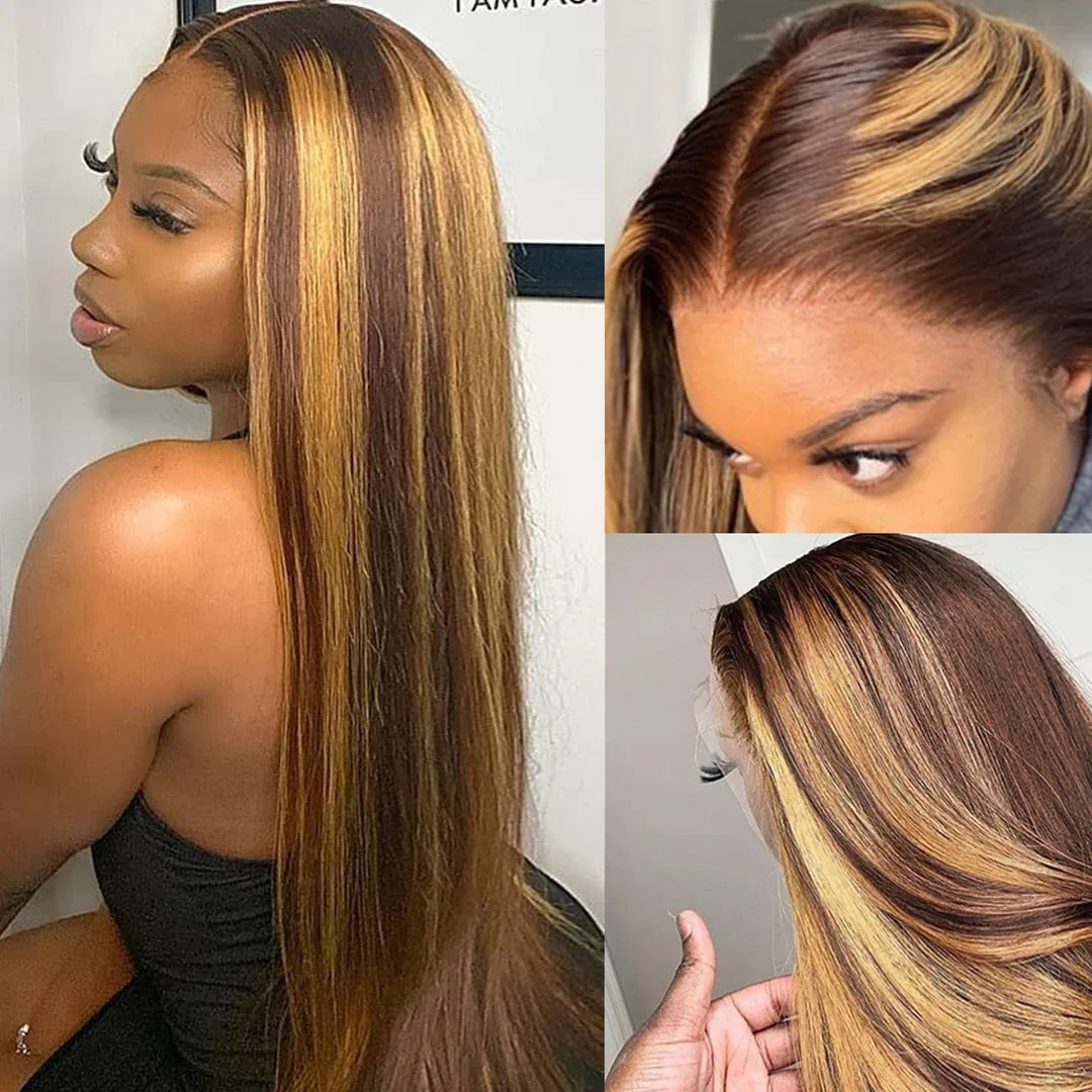 26 بوصة تسليط الضوء على أومبير الدانتيل شعر مستعار أمامي شعر الإنسان HD شقراء شفافة 4/27 طويل مستقيم 13x4 الدانتيل الجبهة الباروكات