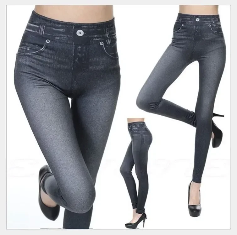 Legginsy damskie 2022 moda Faux Denim dżinsy legginsy seksowna długa kieszeń legginsy z nadrukiem letnie dorywczo ołówkowe czarne spodnie Plus — zdjęcie 2