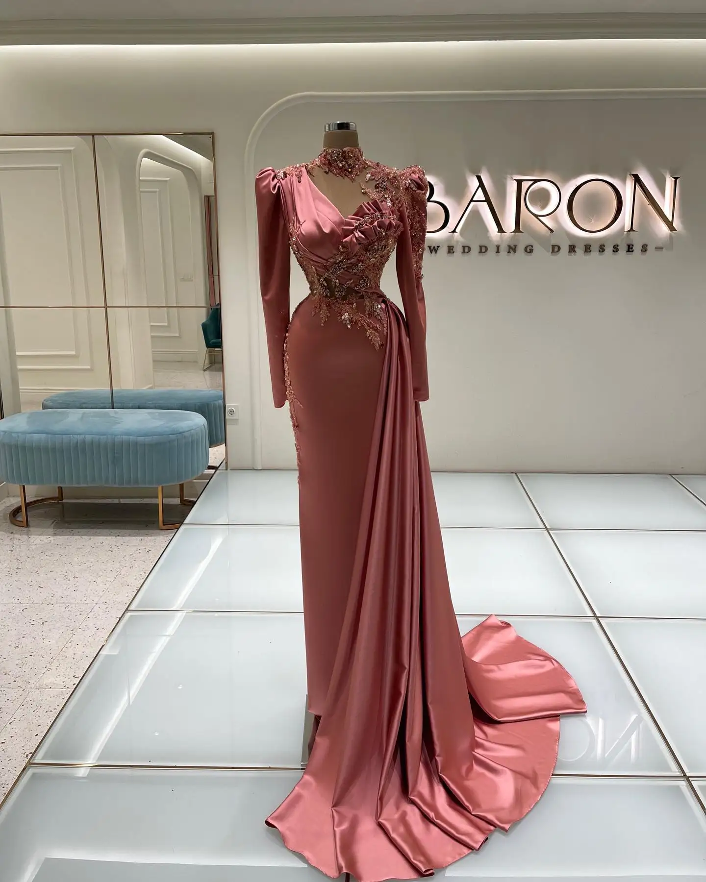 High Neck Mermaid Satin Prom Dresses Long Sleeve Beaded Crystal Evening Gowns With Train For Arabic Women Vestidos Party Dress