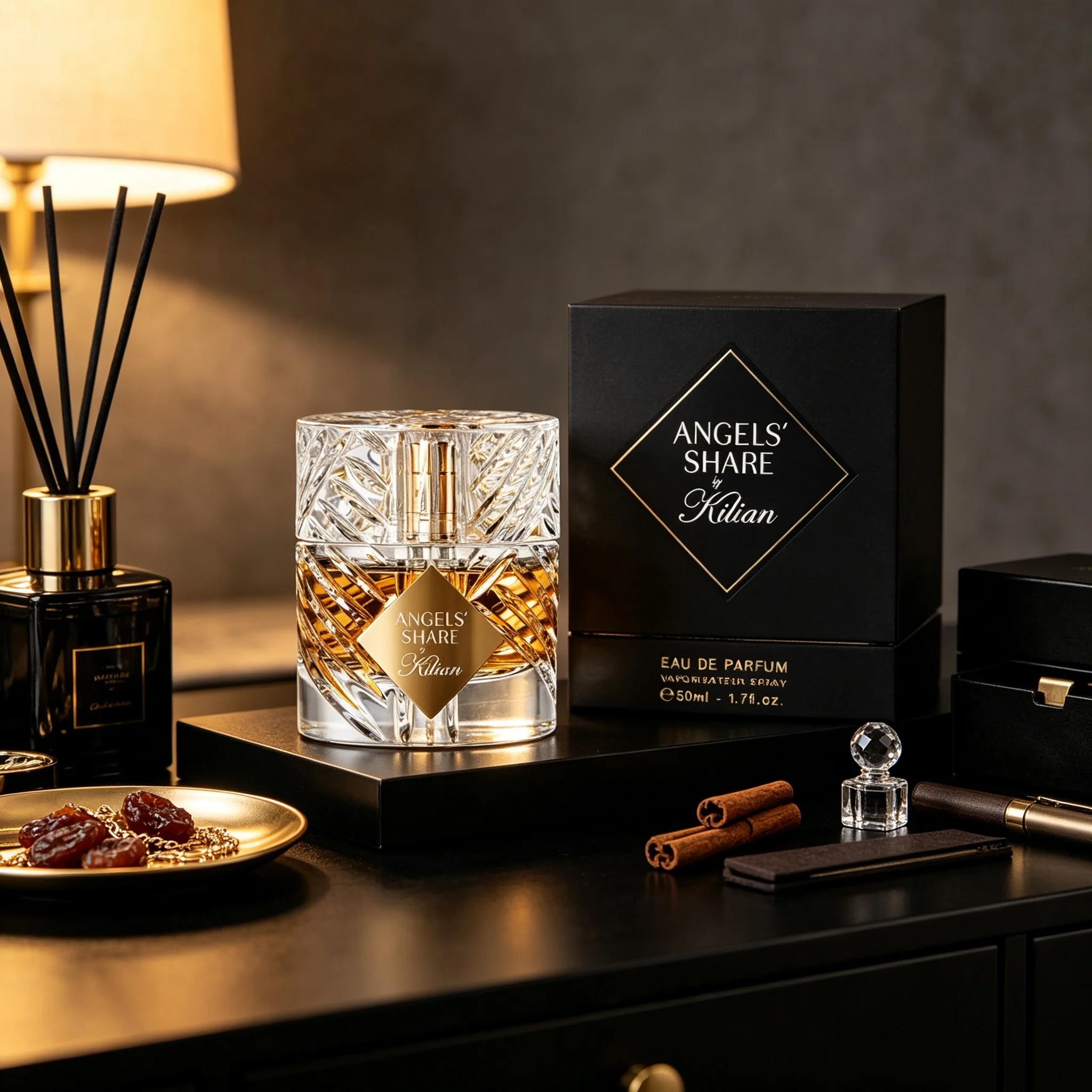 Angels’ Share by Kilian Gender Neutral Perfume Complete Matte Black Diamond Embossed Gift Box Sculpted Wheat Cut Crystal Vessel Shiny Gold Square Plate Top Warm Boozy Caramel Whiskey Fragrance Blogger Aesthetic Travel Unisex Salon Perfume view 5