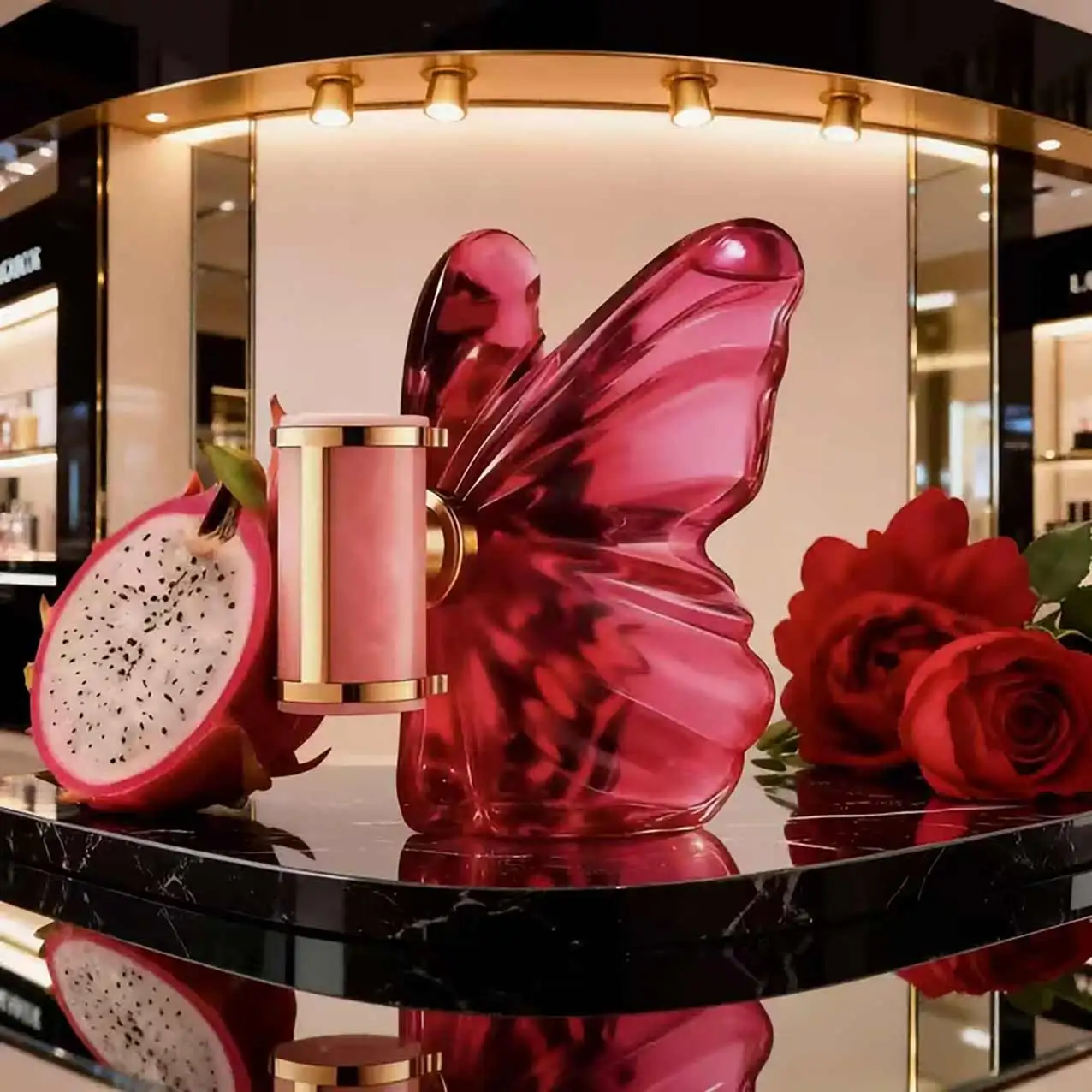 

LA Bom. b.A 2.7oz female perfume, fresh flower and fruit fragrance, dragon fruit integration, unique butterfly design