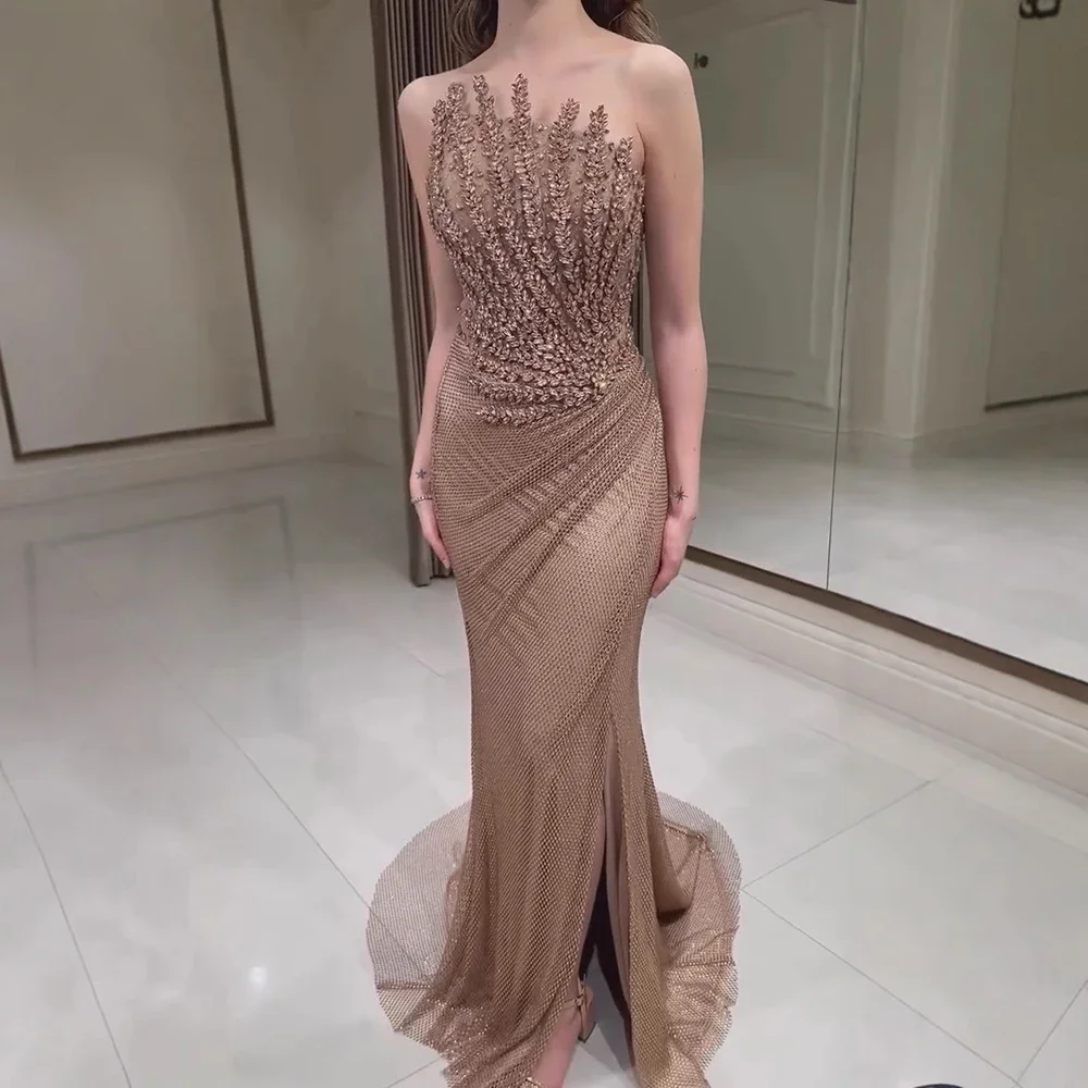 Sharon Said Stunning Crystal Dubai Caramel Mermaid Evening Dress with Slit for Luxury Wedding Prom Party Gowns SS528 Customized