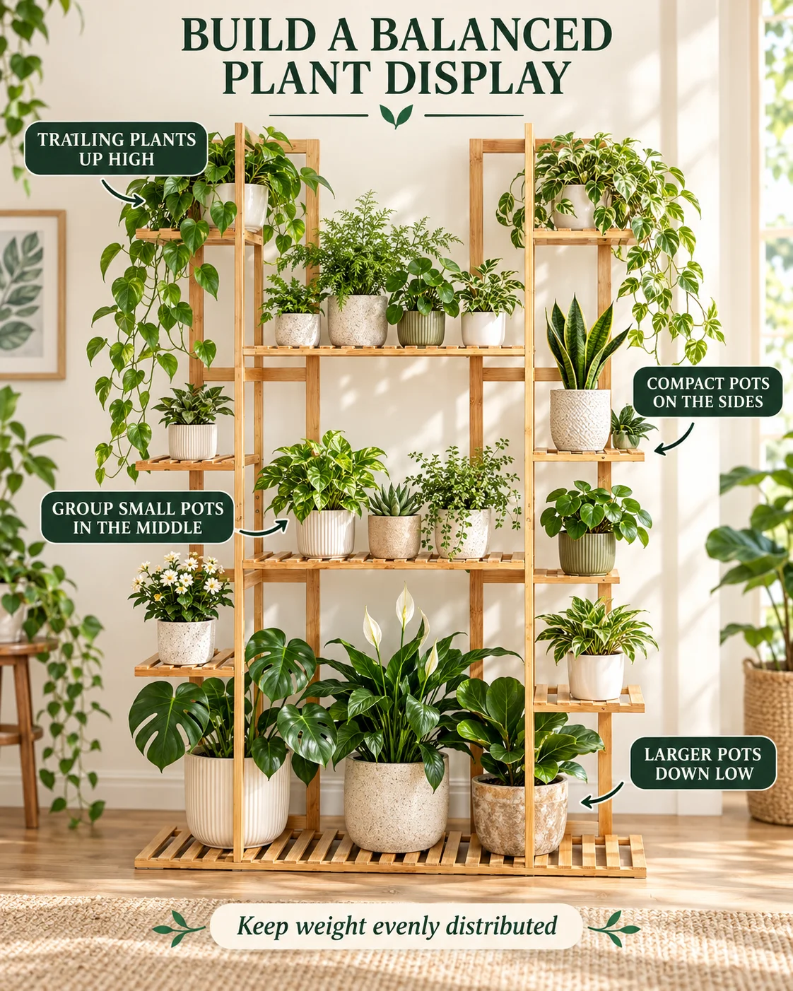 Multi-Tier Bamboo Plant Stand 48in Tall Wooden Flower Pot Display Shelf for Indoor Living Room Balcony Corner