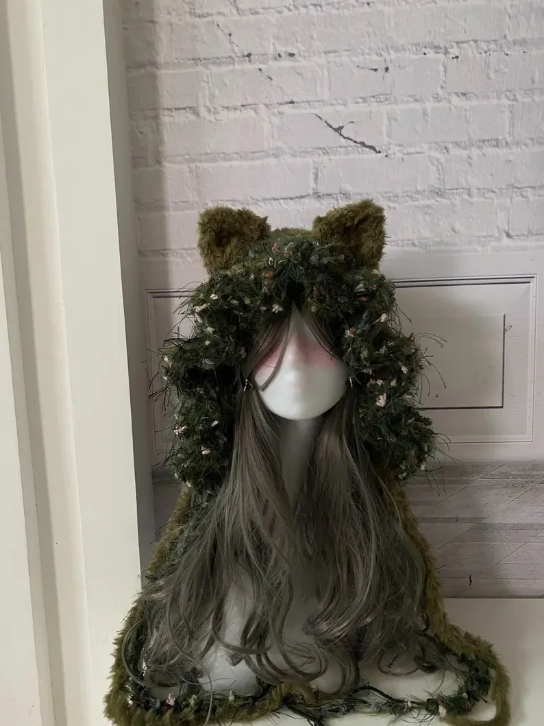 

ear cat hat women winter hat Handmade Moss Green Cat Ear Hood: Fuzzy Knit Fairycore Beanie