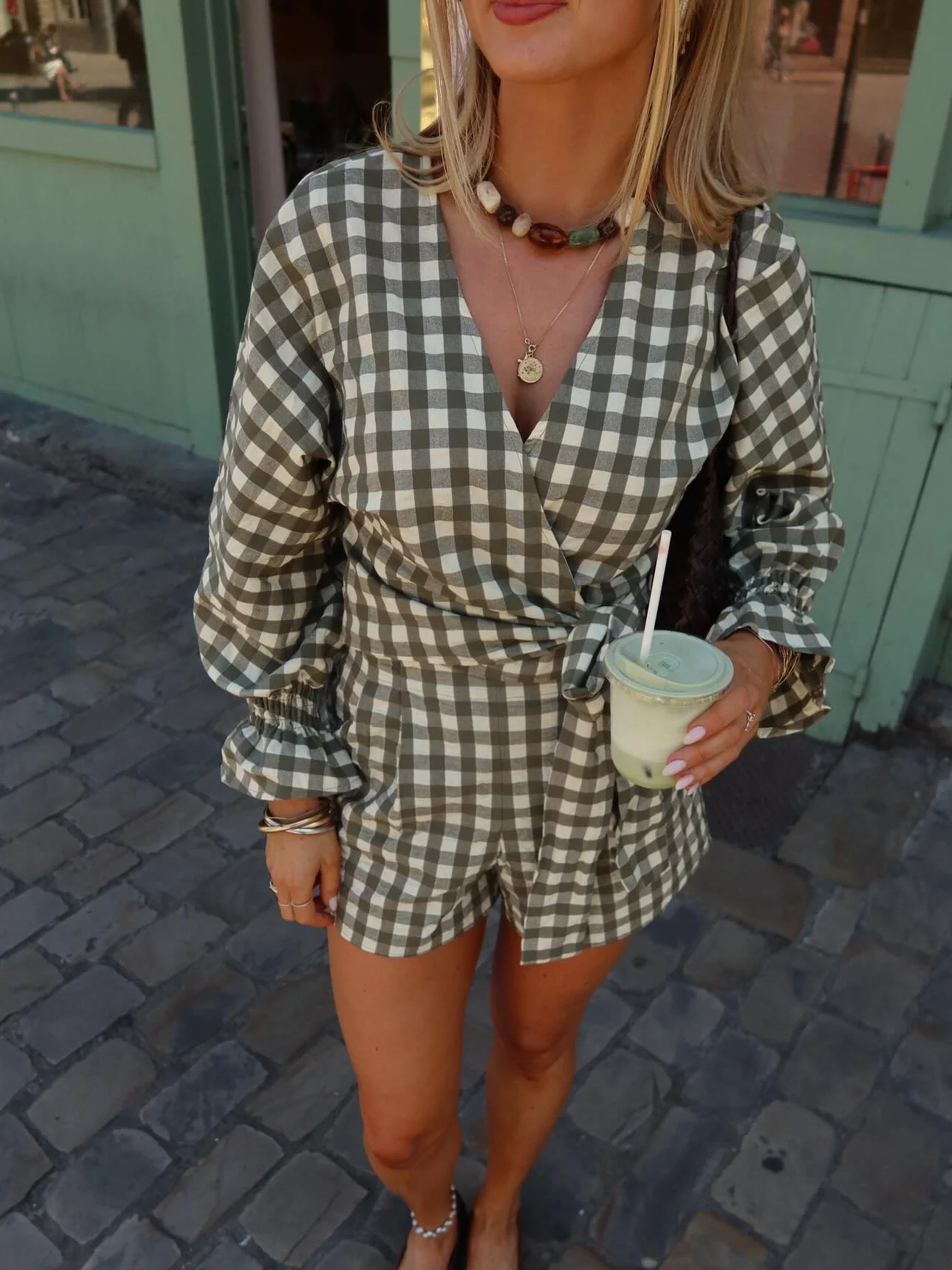French Gingham Two Piece Shorts Set Women Plaid Wrap V Neck Crop Top And High Waist Wide Leg Shorts Suit Summer 2 Piece Outfits