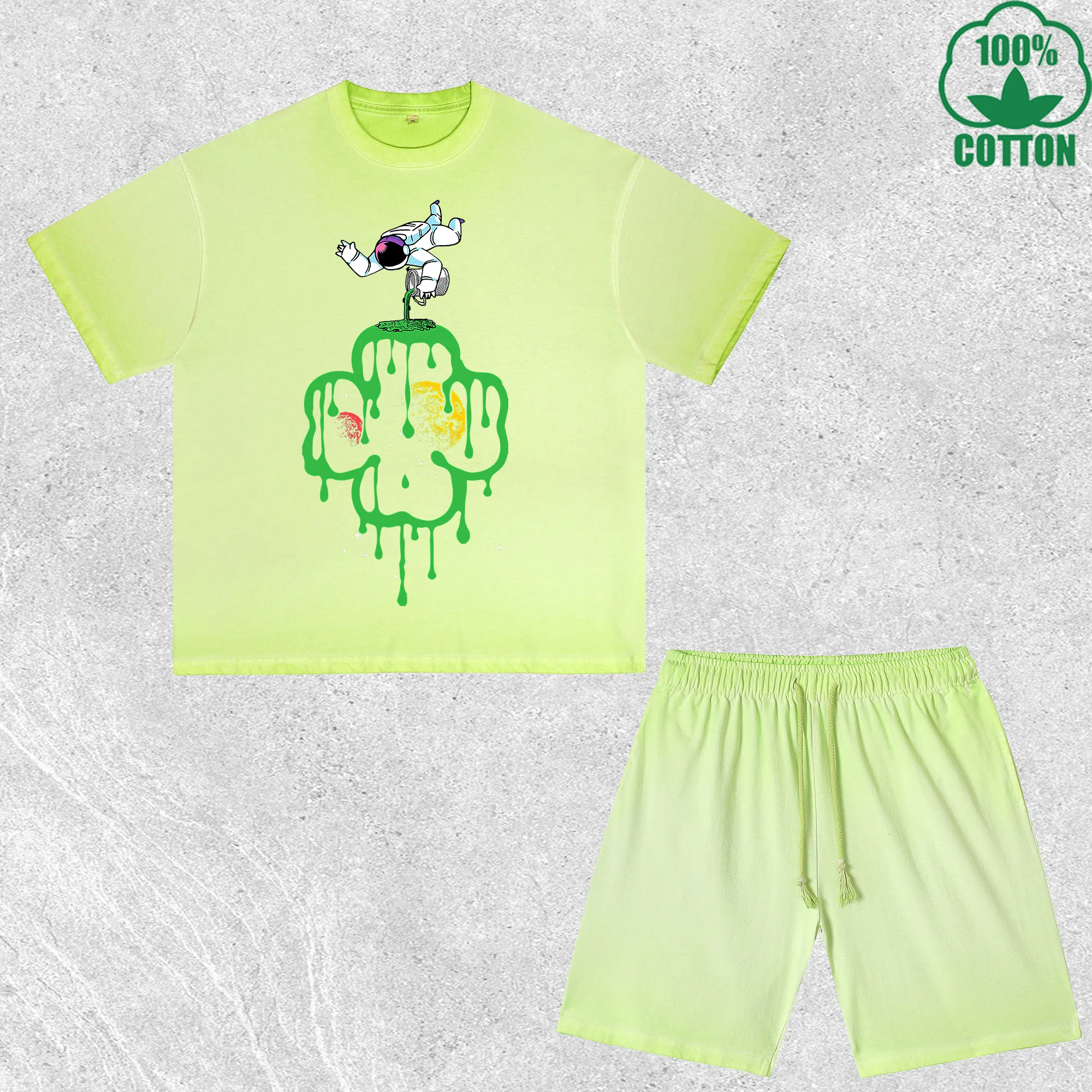 

Комплект из футболки и шорт с принтом «Святой Патрик-космонавт», с эффектом потертости, разноцветный, свободный крой, модный, 100% хлопок