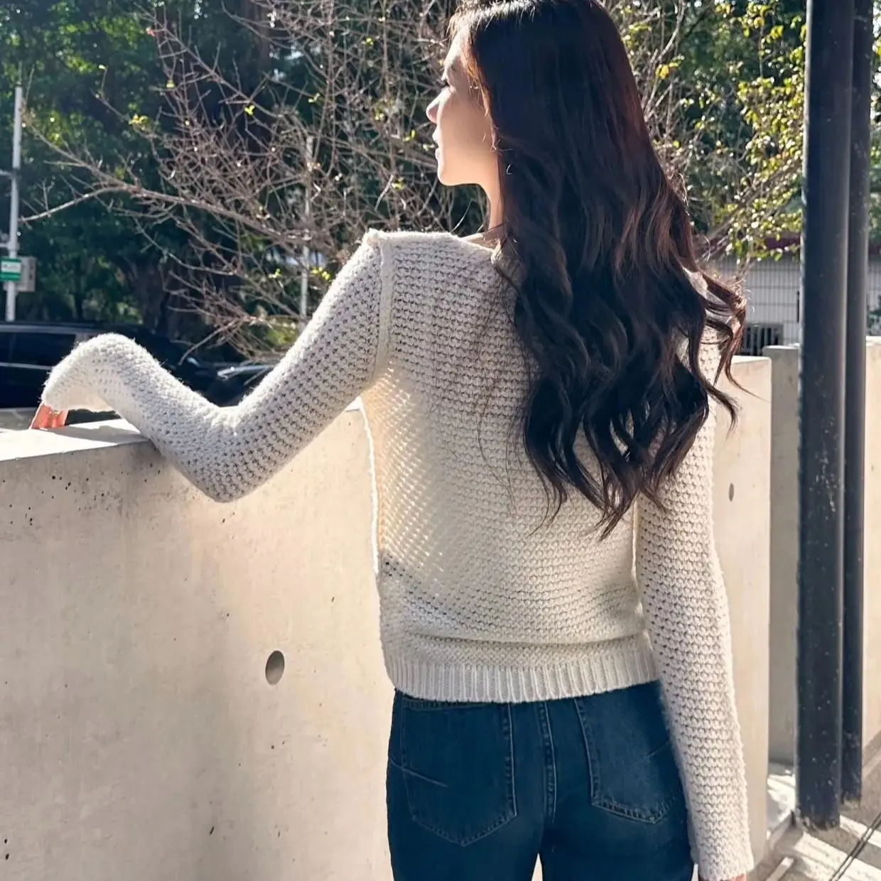 Casual 100% cashmere crocheted long sleeve pullover