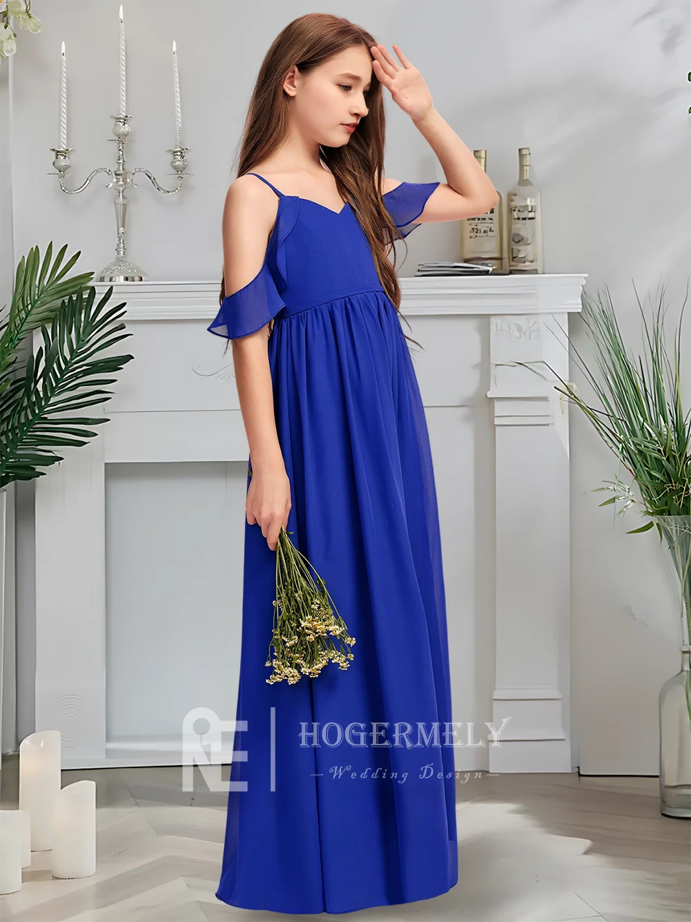 

A Luxurious Cold Shoulder Junior Bridesmaid Dress Majestic Blue Flower Girl Dress Floor-Length Chiffon With Cascading Ruffles