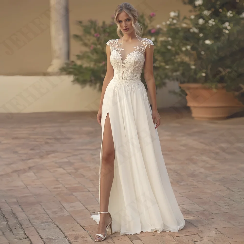 

JEHETH Sexy Sweetheart Tulle Weeding Dress Slevless Floor-Length Beautiful Appliques A-Line Boho High Slit Vestidos De Novia