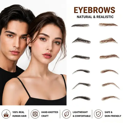 100% Human Hair False Eyebrows Handmade Hand-Knotted Lace Base Natural Looking Invisible Reusable Eyebrows for Men and Women