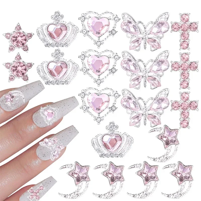 30 Breloques Roses pour Ongles en Alliage, Strass 3D Étoile Papillon Cœur Croix, Pierres Précieuses, Cristal Diamant, Accessoires de Décoration pour Nail Art