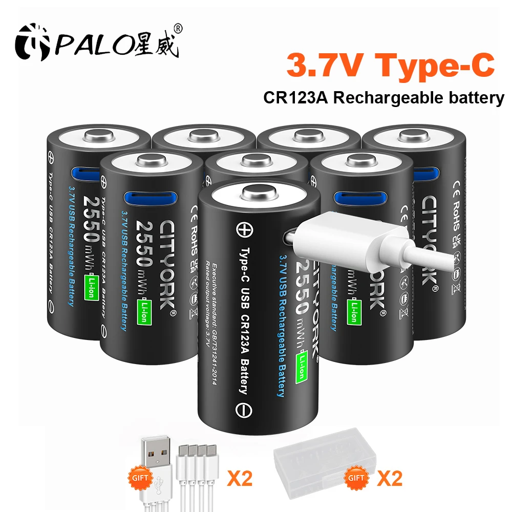 

12-32pcs 3.7V CR123 CR123A Rechargeable Battery 2550mWh Type-C USB Charging RCR123 16340 16350 Lithium Li-ion Batteries