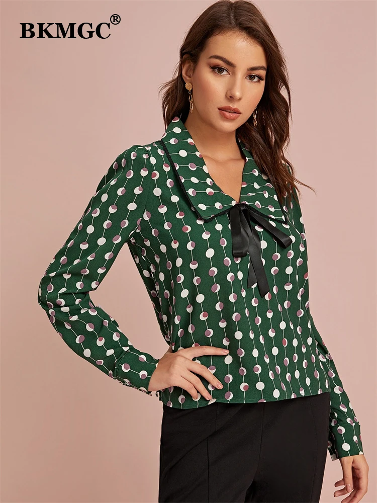 BKMGC Green Women Shirts Long Sleeve Spring Autumn Fashion Casual Versatile Printed Wave Dot Loose Tops Women blouses 5937