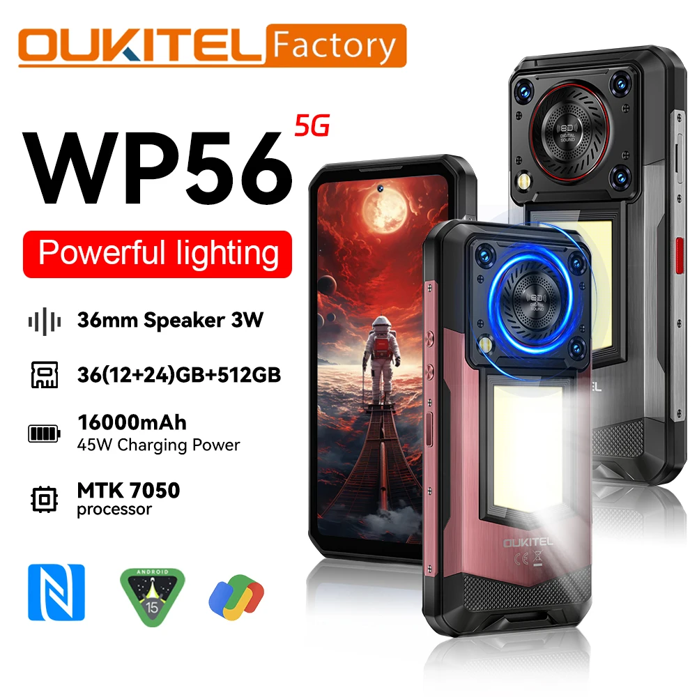 Защищенный смартфон Oukitel WP56 2025 года с 5G, 6,78-дюймовым дисплеем FHD+, камерой 108 МП, частотой обновления 120 Гц, 12 ГБ + 512 ГБ, портативный телефон, 16000 мА·ч, Android 15