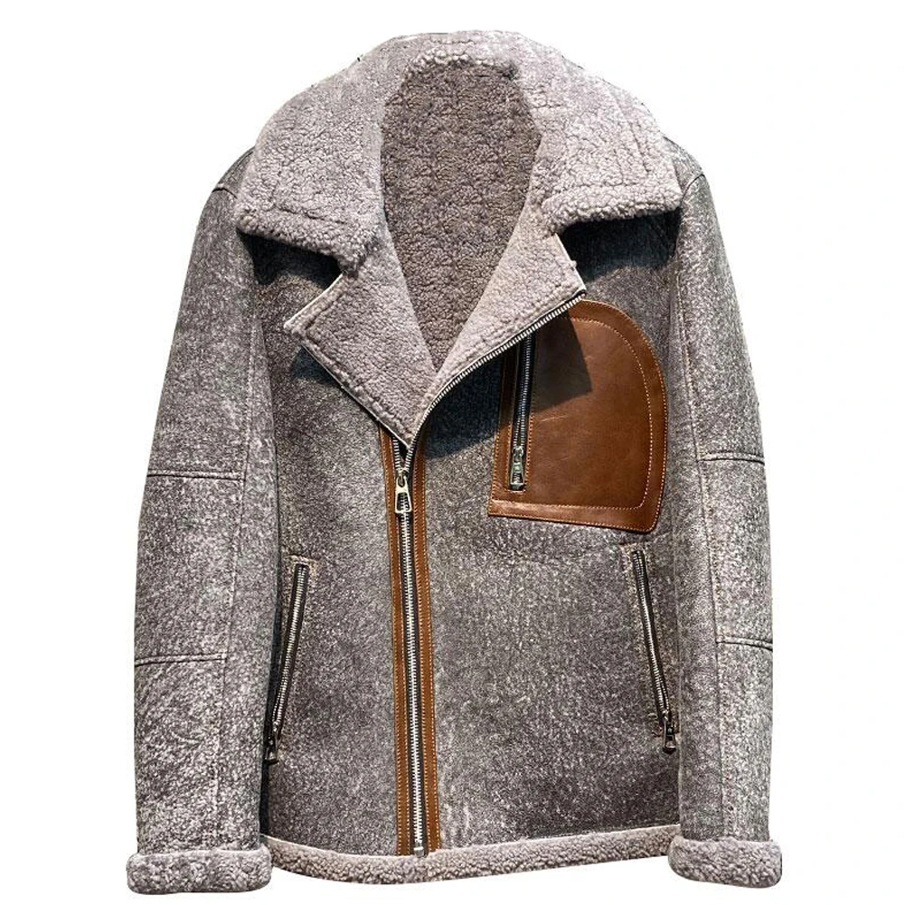 Denny&Dora Mens Shearling Jacket Natural Shearling Leather Coat Air Force Jacket Casual Jacket Grey Color