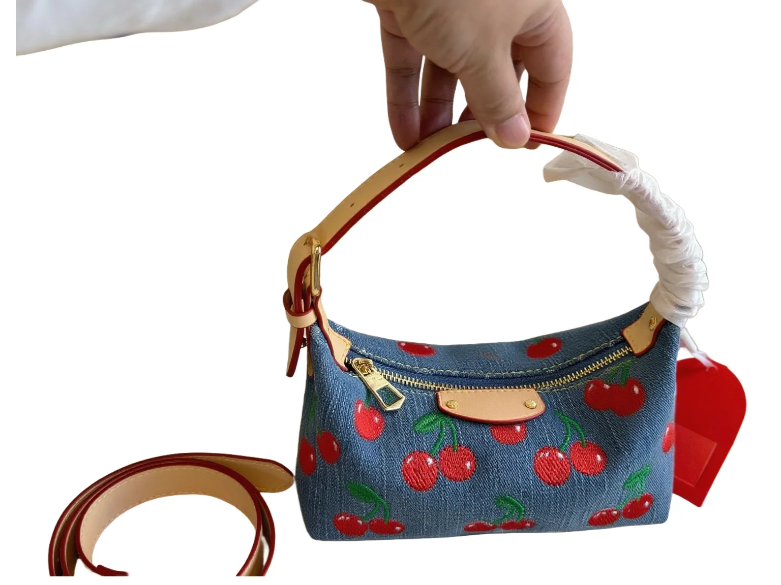

Cherry - Printed Denim Hobo Bag - Stylish Small Handbag with Gold Zipper & Adjustable Strap