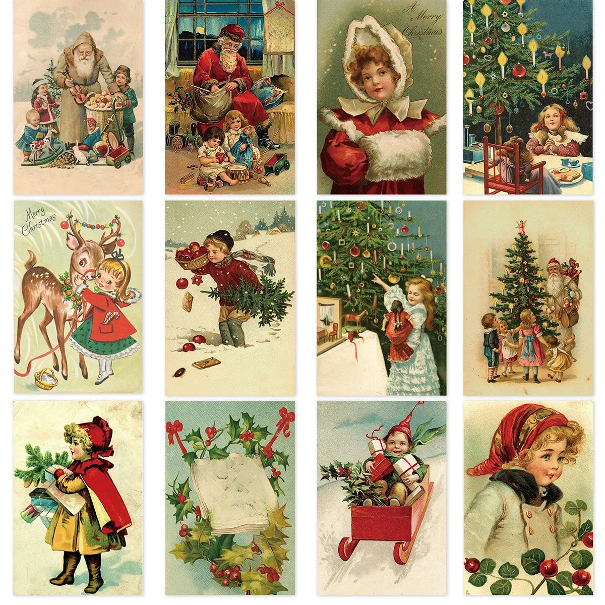 12 sztuk Vintage zestaw kartek z życzeniami świątecznymi Święty Mikołaj, łoś, zestaw pocztówek na choinkę, notatki mała kartka, idealny prezent na boże narodzenie w stylu vintage — zdjęcie 2