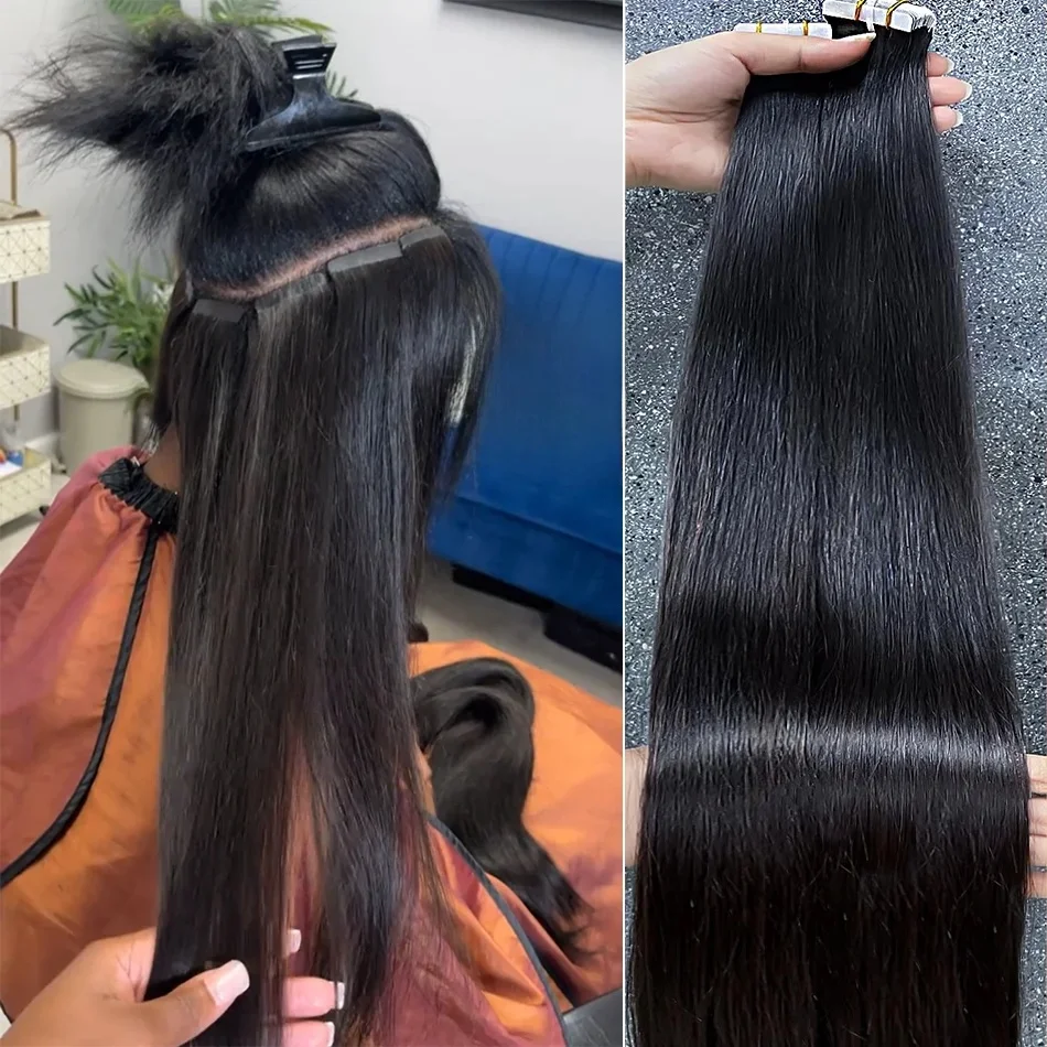 Tape-in-Haarverlängerungen, natürliches Echthaar, brasilianisches Originalhaar, 100 % echte Echthaarverlängerungen, 20 Stück, glatt, für Frauen