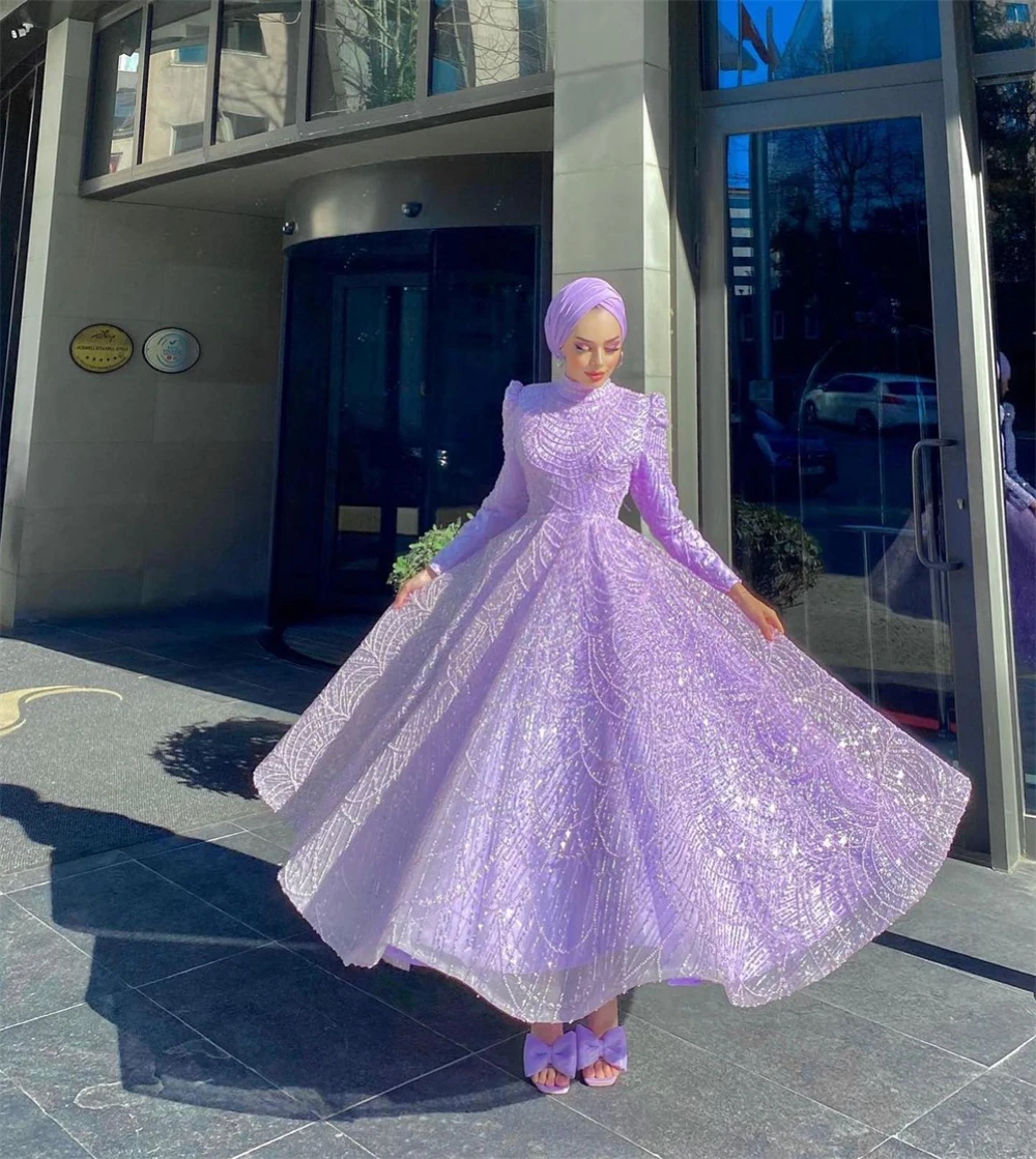 Sansa Customized Purple Pleats A-Line Beaded Prom Dress Long Sleeve High Neck Vestidos De Noche Ankle-Length Formal Evening 2025
