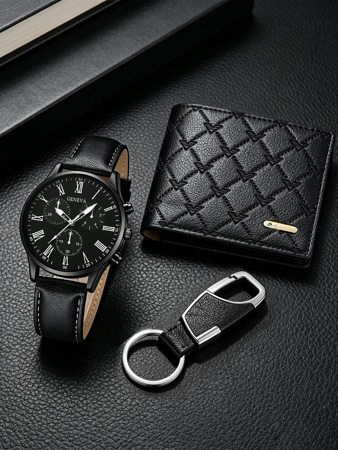 3-Piece Set, Men's Casual Simple Quartz Watch with Matching Color Keychain and Wallet Set, Versatile for Everyday Use, Essential for Business Trips and Outings.