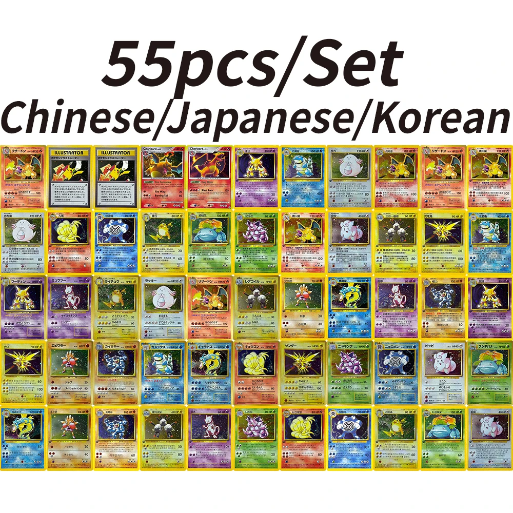 55-cartes-boite-pkm-base-set-japonaises-chinoises-coreennes-cartes-de-jeu-diy-rares-en-foil-cartes-proxy-ptcg-charizard-blastoise-gyarados-mewtwo-venusaur