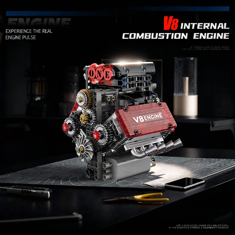 478pcs Technical Brick V8 Engine Motorized Simulation Model Electrically Drive Building Blocks Car Parts DIY Toys Gifts Adult