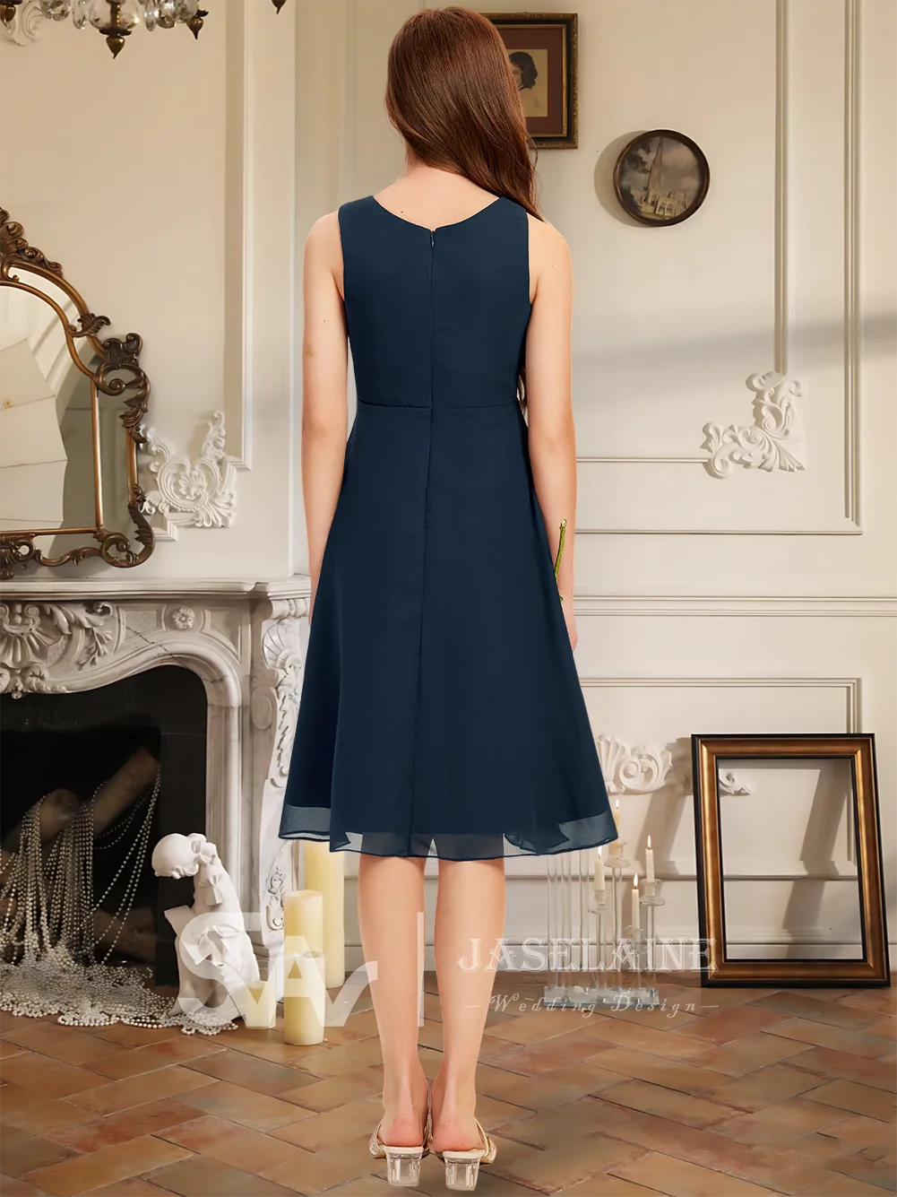 Шифоновое платье трапециевидной формы длиной до колена для юных подружек невесты без рукавов с молнией сзади, платье с цветочным узором для девочек, свадебная вечеринка, официальное мероприятие