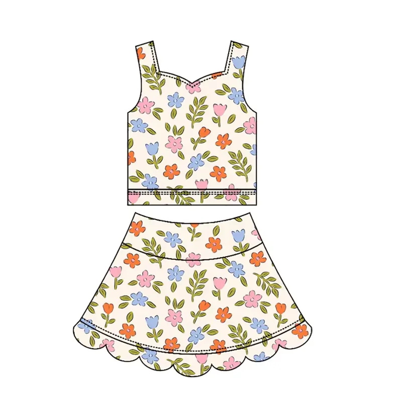 Fashion Girl Series Clothing Floral Print Halter mini Skirt Lace Girl Set 6-Piece Boutique Children's Set
