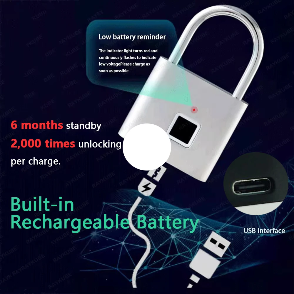 RAYKUBE P2 Smart Fingerprint Padlock Waterproof Zinc Alloy Biometric Padlocks With Buit-in Rechargeable Battery USB Charge