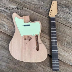 DIY Unfinished Electric Guitar Kits, Mint Green Pickguard, Abalone Inlay, Maple or Rosewood Fretboard with Guitar Parts No Paint