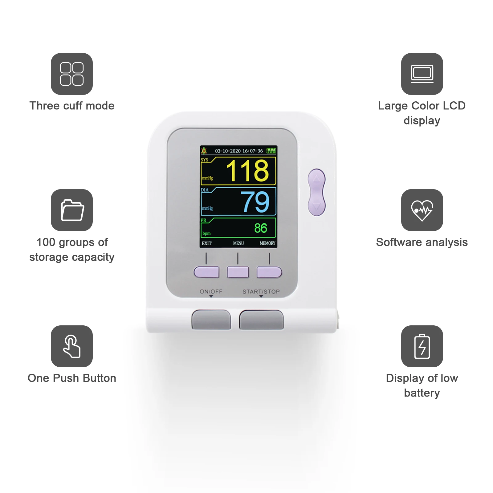 CONTEC08A Electronic Sphygmomanometer with Adult Cuff SPO2 Probe Sensor IBP Monitor Color LCD Screen Alarm