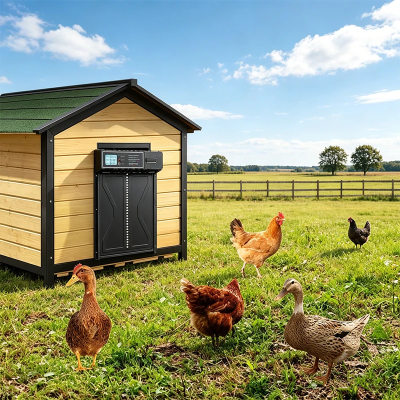 Puerta Inteligente Automática para Gallinero con Estructura Robusta de Aleación de Aluminio y Modos Inteligente, Temporizador y Manual, Seguridad Antipinzamiento Inteligente, Pantalla LED Fácil de Usar, Sensor, Puerta para Mascotas, Accesorios para Ganadería