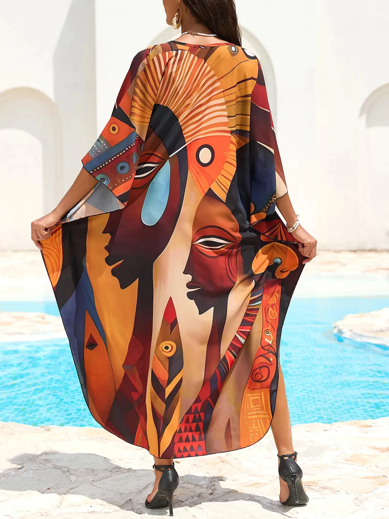 Vestidos de caftán para mujer de talla grande con cuello en V Moo Moos Batwing Kaftan Vestido de playa Traje de baño Ropa de descanso para cubrir