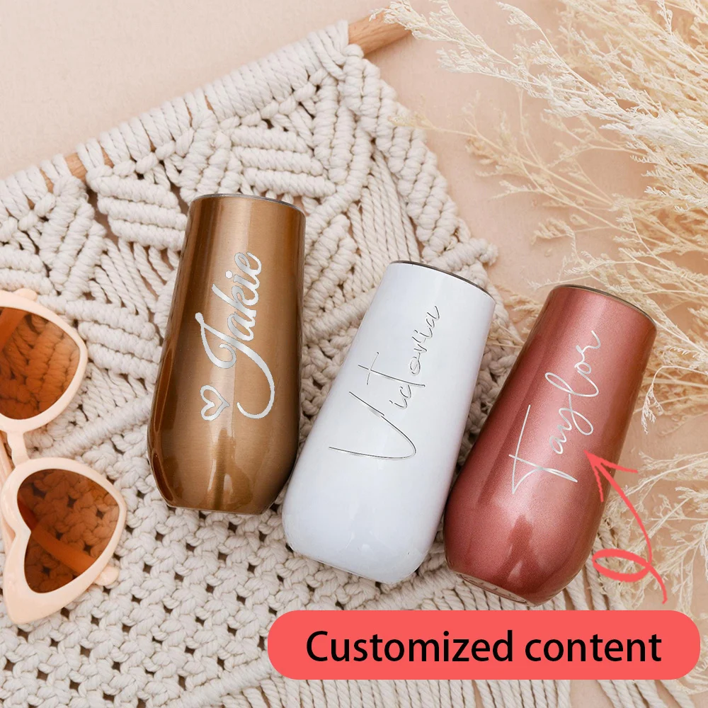 Personalized Champagne Tumbler Custom Cursive Name Engraved Stainless Steel Insulated Egg Cup With Lid Bridesmaid Wedding Gift.