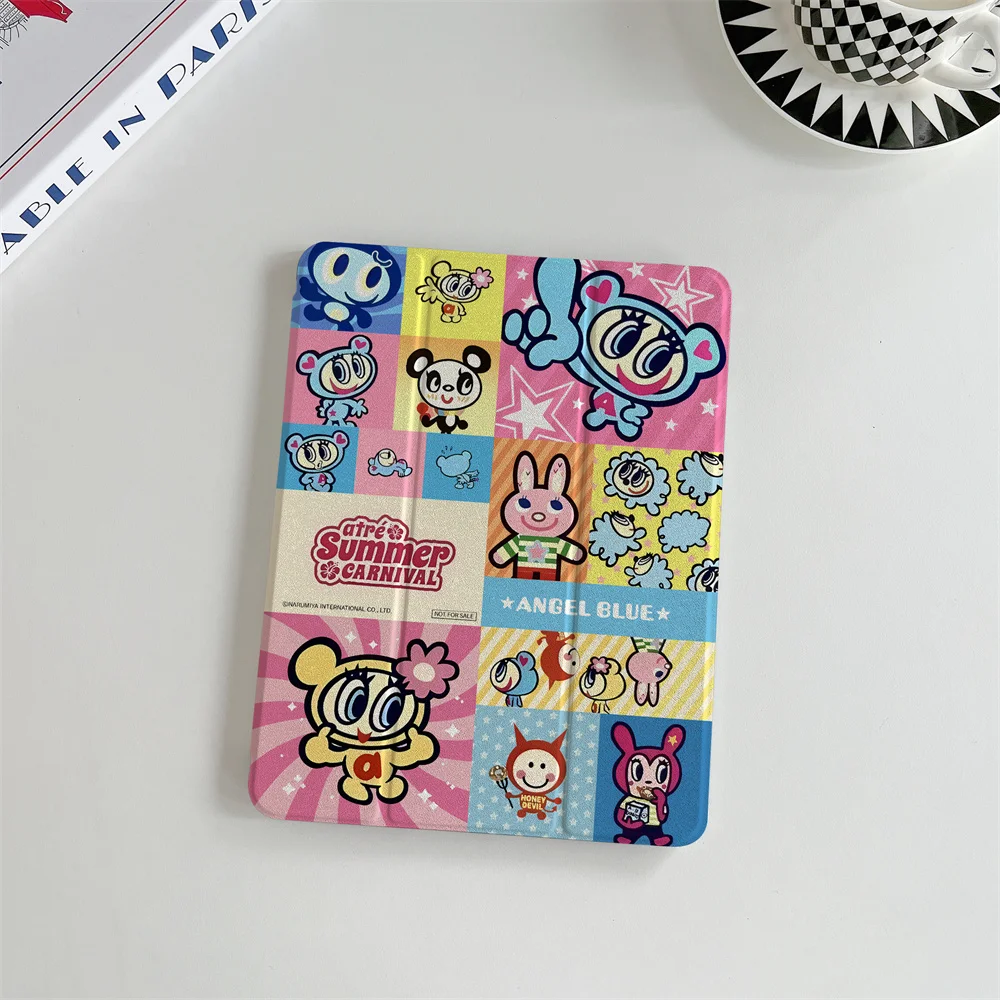 Kawaii Angel Blue Grid Cartoon iPad Tri-fold Case Auto Wake Sleep For iPad 11