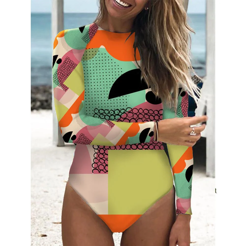 Abstract Print Long Sleeve Backless Wetsuit Women\'s Summer Swiming Suit 2022 Luxury Swimwear Patchwork Monokini Sexy