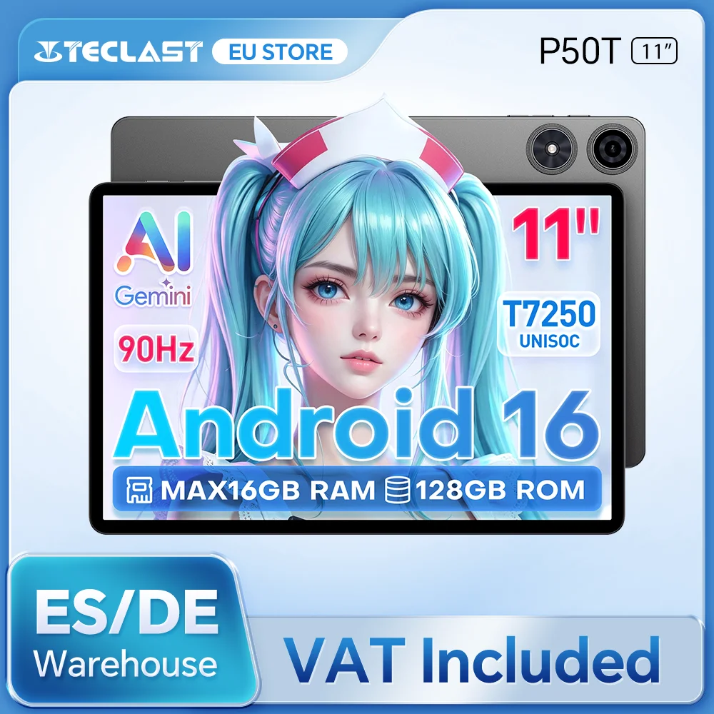 Teclast P50T 2026 10,92 Zoll IPS-Tablet, 90Hz Bildwiederholrate, Gemini AI, Android 16, 16GB RAM (3+13GB virtuell), 128GB UFS ROM, T7250 Octa-Core CPU, 8000mAh Akku, Type-C, microSD bis zu 1TB & Wi-Fi