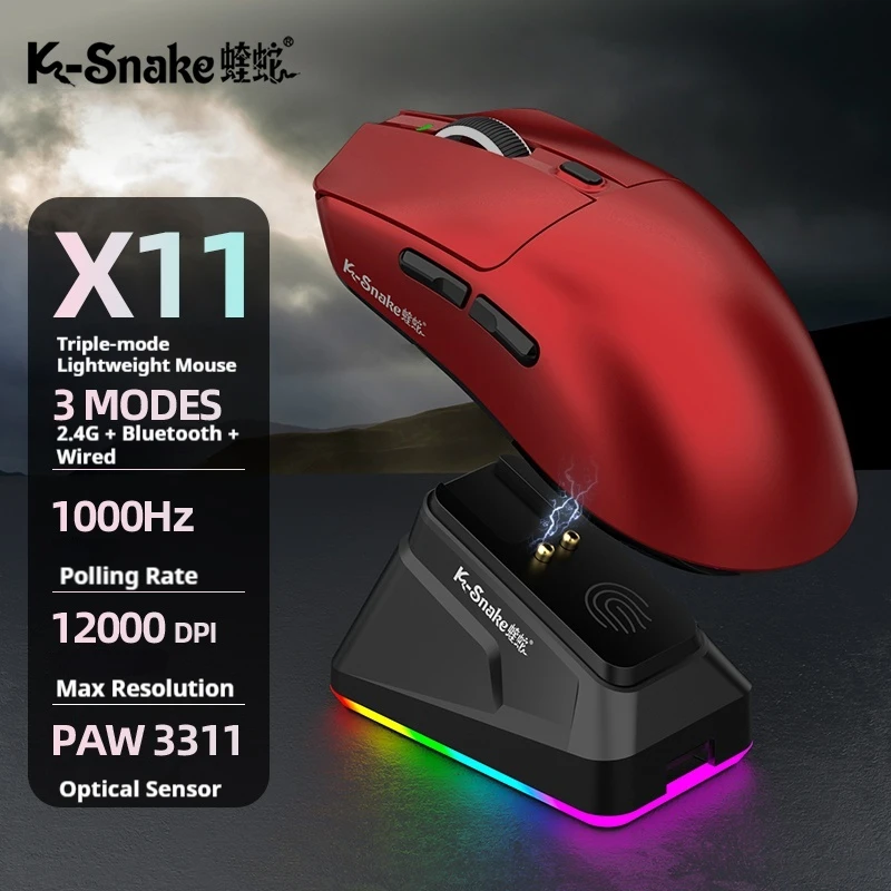 Mouse sem fio Bluetooth X11 para jogos e-sports, três modos, para laptop e computador de mesa, leve, com carregamento magnético.
