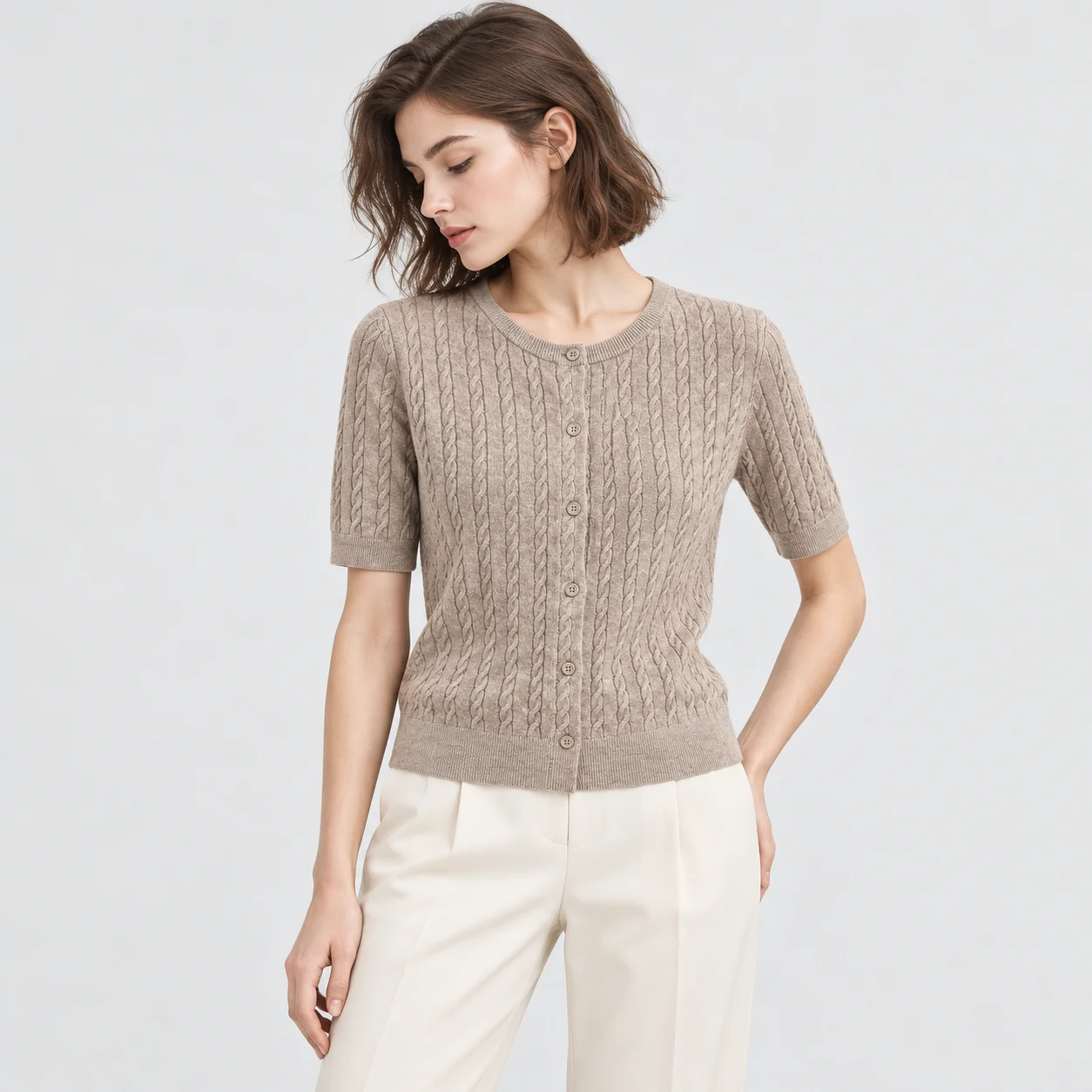Elegant Women Knitted Short Sleeve Cardigan Round Neck Button Front Cable Knit Casual Top 6
