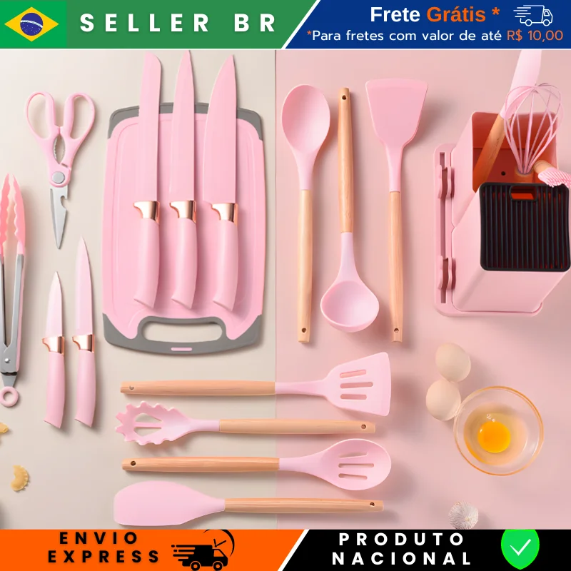 19 Pink Kitchen Utensils Set with Silicone Cutlery Tableware with Handle Scissors for Kitchen Door Silicone Cutlery