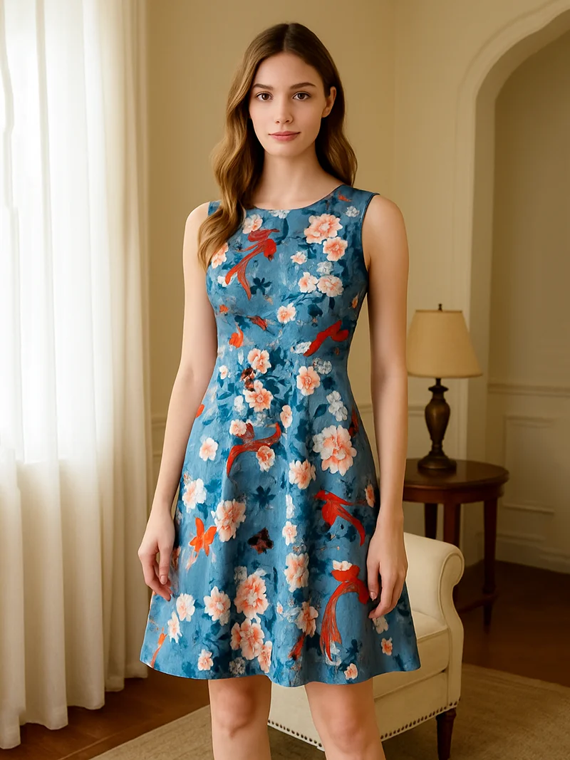 

Винтажное платье трапециевидной формы без рукавов с цветочным принтом для женщин. Элегантные летние вечерние платья с восточным дизайном птицы.