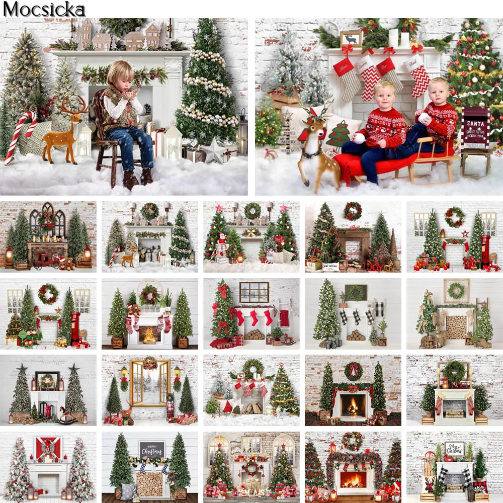 

Christmas Backdrops For Photography Brick Wall Fireplace Family Portrait Photocall Gift Xmas Trees Kids Background Photo Studio