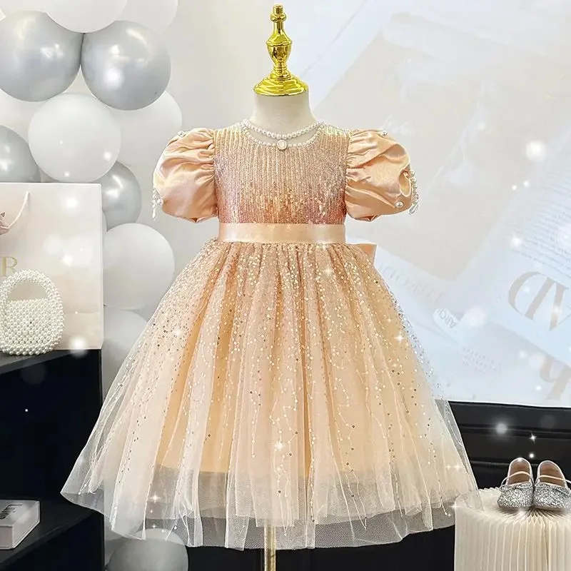 Baby Girl Princess Sequins Tutu Dress Puff Sleeve Infant Toddler Child Pearl Bow Tulle Vestido Party Birthday Baby Clothes 1-7Y