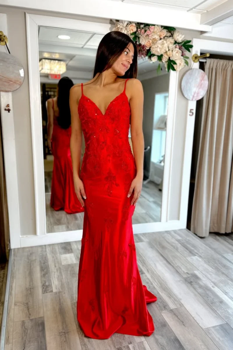 Jessica Sweet Red Spaghetti Straps Evening Dresses Slim-fit Simulated Silk Satin Prom Dresses Sexy Backless Dress Party Dresses view 6